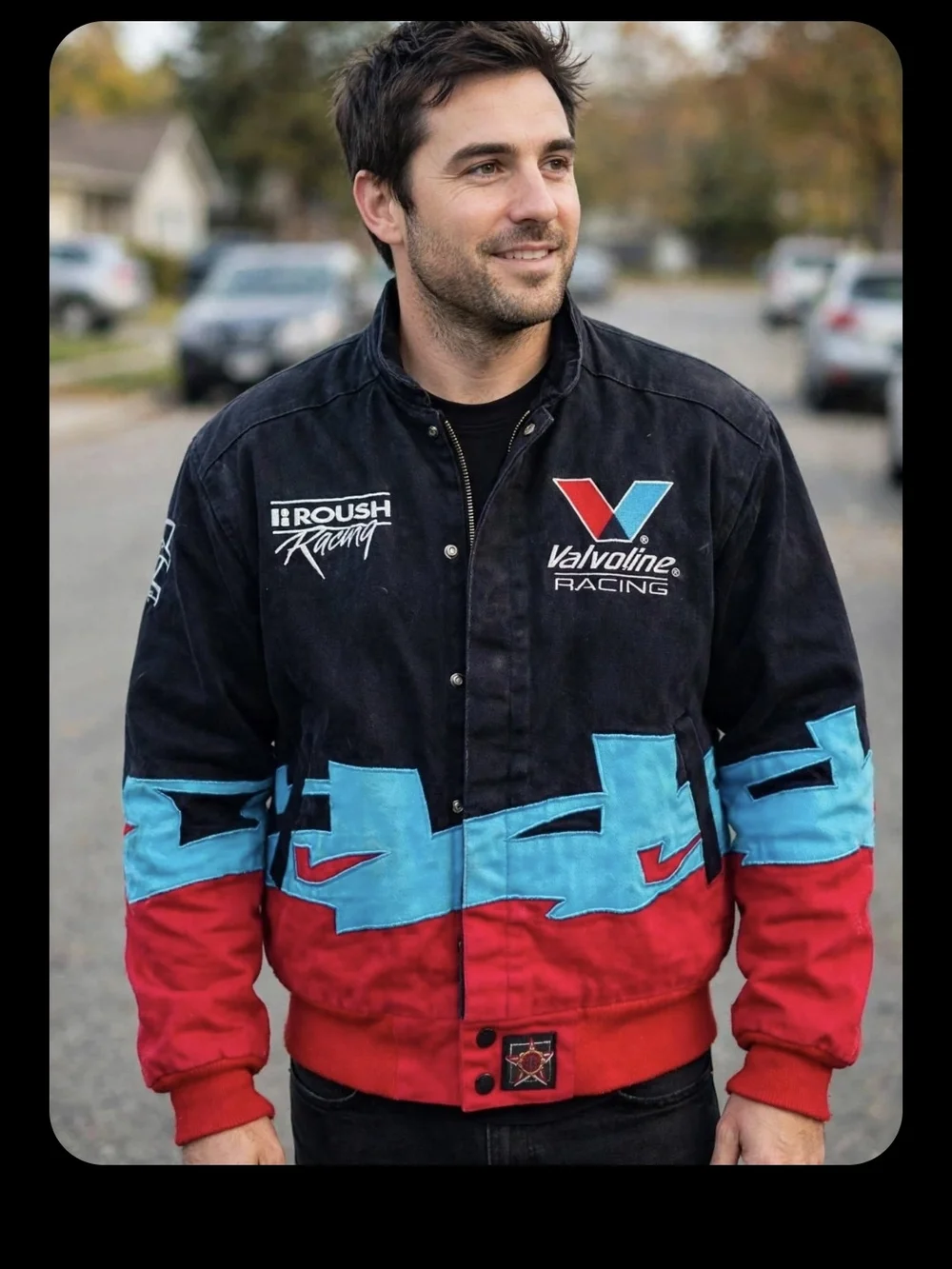 JH Collectibles Black, Red & Light Blue Valvoline Racing Bomber Jacket